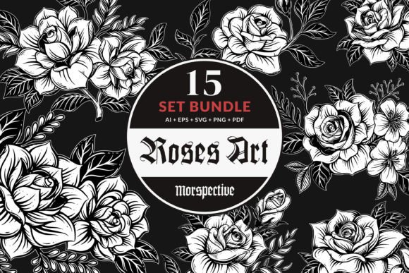 15 Set Bundle Roses Flowers Tattoo Art