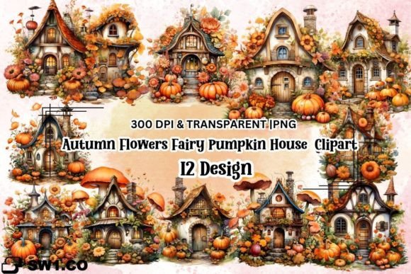 Autumn Flowers Fairy Pumpkin House Graphics