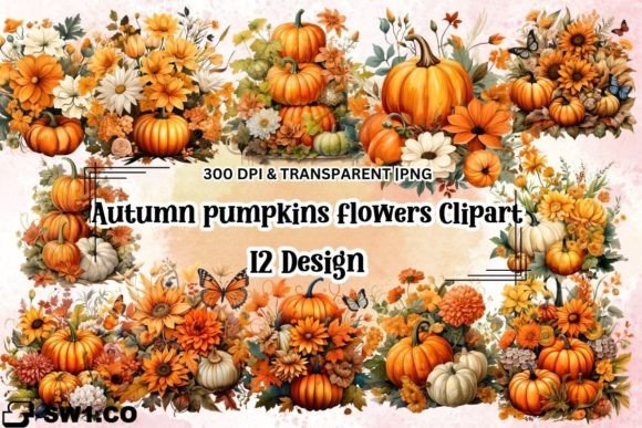 Autumn Pumpkins with Flowers Clipart: Graphics for Handmade Creations
