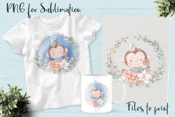 Cute Monkey in a Wreath of Flowers: Graphics for Editorial Use