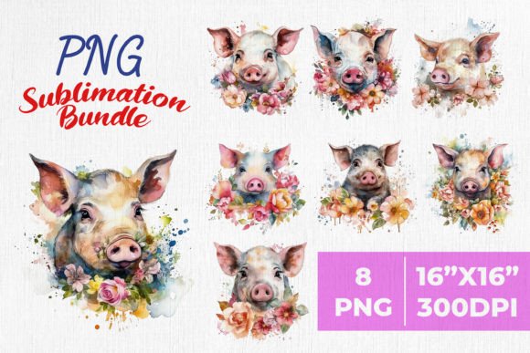 Cute Pig with Spring Flowers Watercolor Graphics