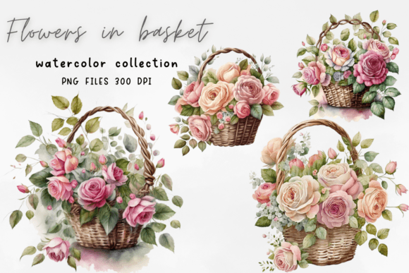 Flowers in Basket Watercolor Graphics