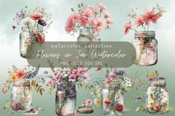 Flowers in Jar Watercolor Graphics