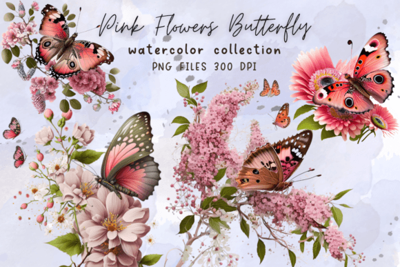 Pink Flowers Butterfly Watercolor Graphics