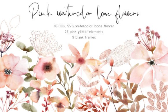 Pink Watercolor Loose Flowers Glitter Graphics