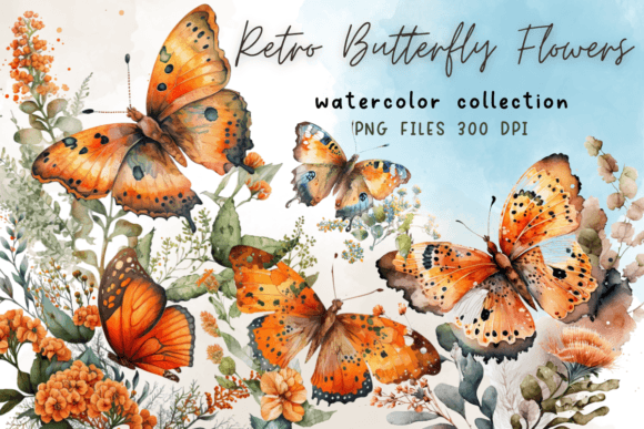 Retro Butterfly Flowers Watercolor