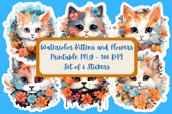 Stickers Watercolor Kittens and Flowers Graphics
