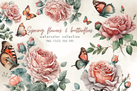 Vintage Rose Flowers Watercolor Graphics