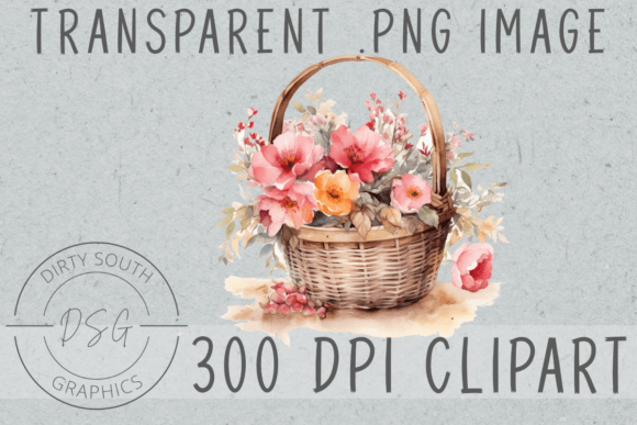 Watercolor Flowers in Basket Clip Art