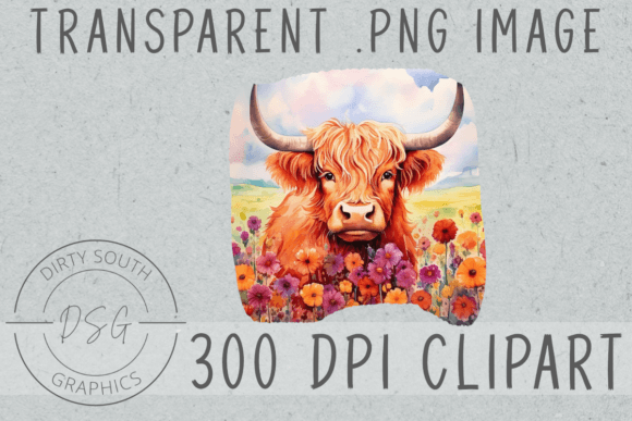 Watercolor Highland Cow Field of Flowers Graphics